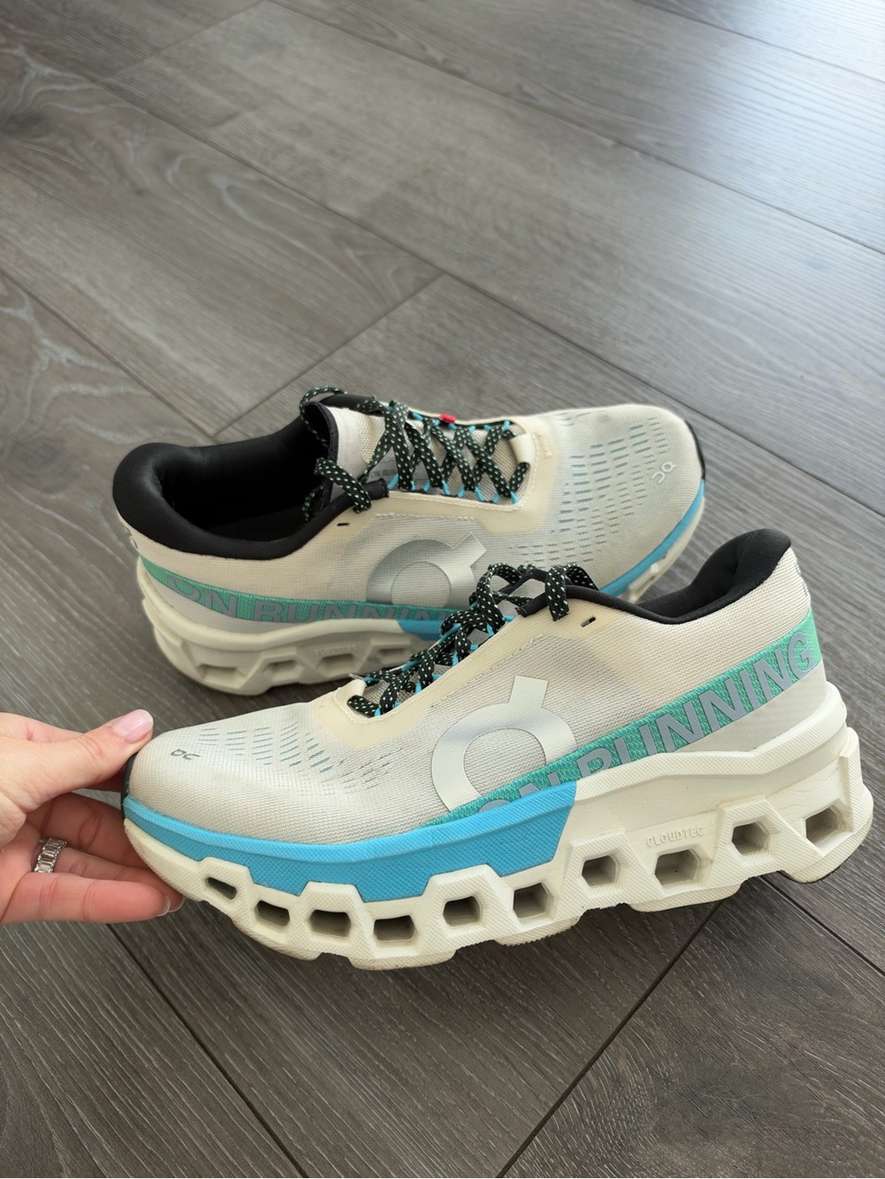 On Running Women's Cream and Aqua Cloudrunning Athletic Shoes
